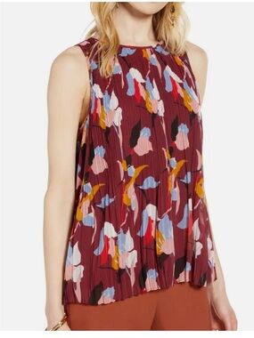 Halogen Pleated Floral Sleeveless Top - Burgundy
